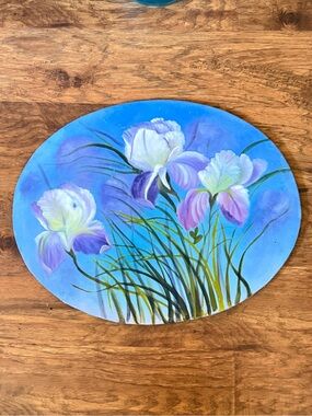 Vintage original floral iris flowers oil painting on canvas